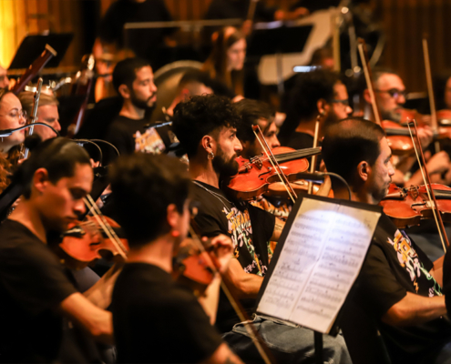Sección de cuerdas de la Orquesta Filarmónica de Medellín durante una presentación en vivo, con músicos tocando violines y concentrados en sus partituras.