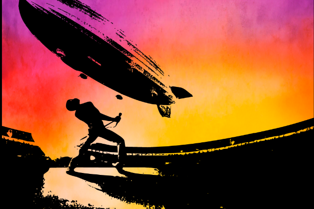 Ilustración de un guitarrista y un dirigible en el atardecer, evocando el estilo icónico de Led Zeppelin y Queen.