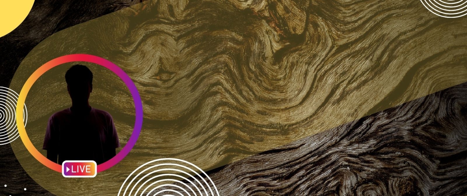 Silueta misteriosa en estilo Instagram Live sobre fondo de vetas de madera, diseñado para anunciar un evento sorpresa en vivo por Instagram.