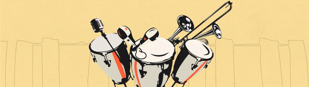 Ilustración artística de instrumentos de salsa como congas, trompeta, trombón, micrófono y maracas sobre fondo beige
