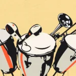 Ilustración artística de instrumentos de salsa como congas, trompeta, trombón, micrófono y maracas sobre fondo beige