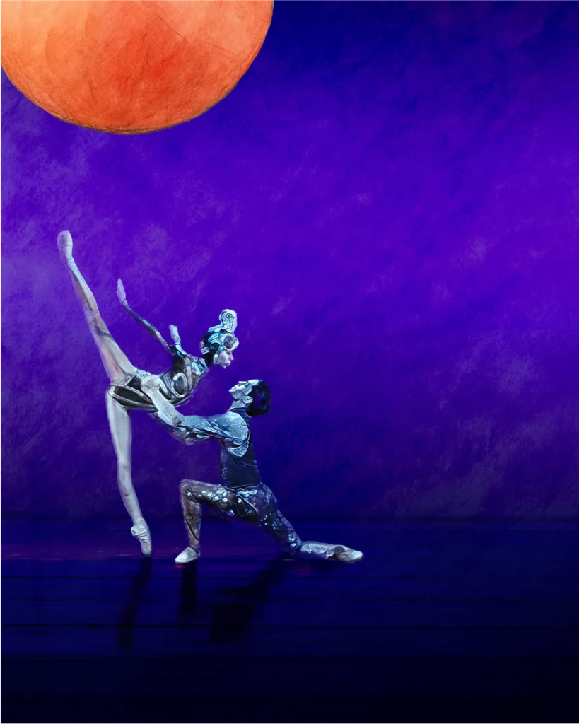 Escena de ballet estilizada con pareja de bailarines en pose clásica bajo una luna naranja, parte del afiche del espectáculo Botero Filarmónico + Ballet Metropolitano en el Teatro Metropolitano.