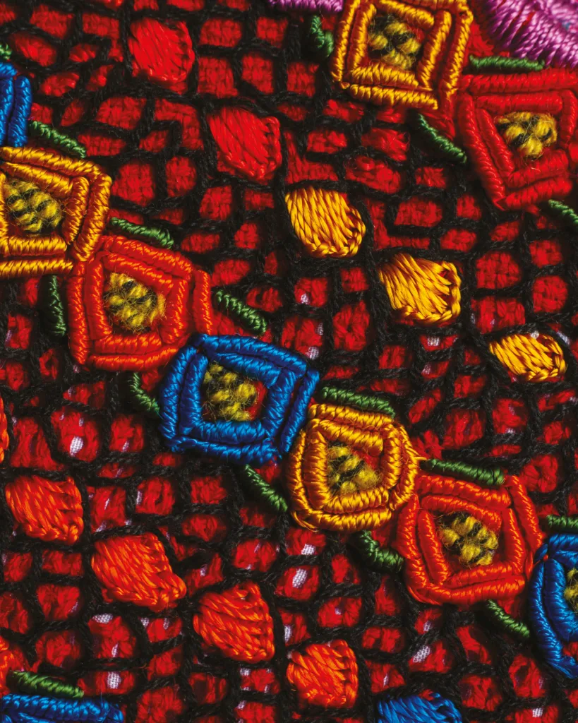 Detalle de bordado artesanal colorido sobre fondo rojo, imagen promocional del concierto “Raíces del Nuevo Mundo” de la Orquesta Filarmónica de Medellín