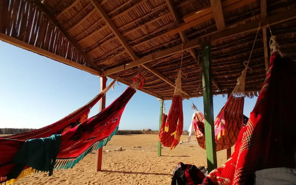 Hamacas coloridas colgadas bajo un techo de palma en La Guajira, con el desierto de arena extendiéndose al fondo, reflejo de la tradición y hospitalidad wayuu.