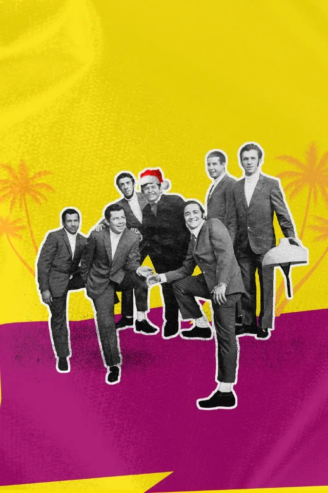 Collage de la agrupación Los Hispanos en blanco y negro sobre un fondo amarillo y magenta con palmeras, usado para el cartel del concierto filarmónico del martes 16 de diciembre.