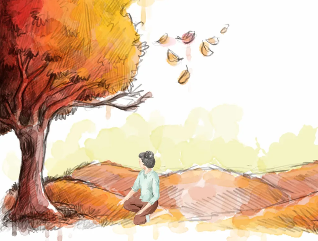 Ilustración de una persona sentada bajo un árbol de hojas otoñales, observando hojas caer