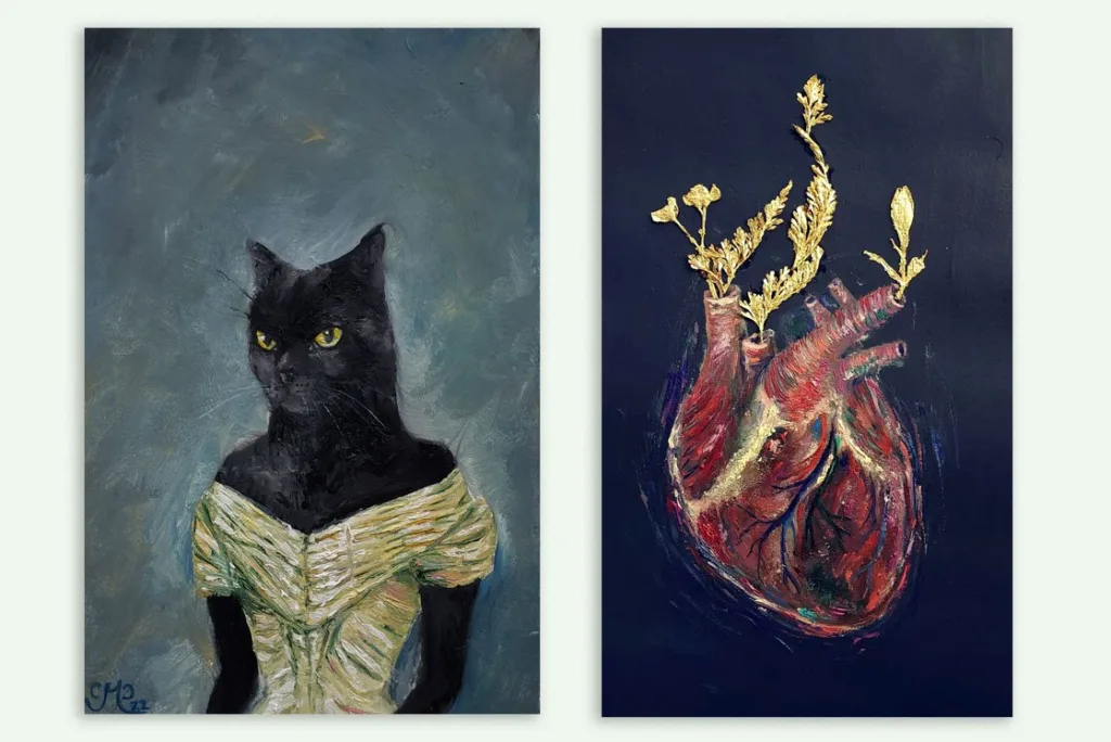 Pinturas de Camilo Martínez: un retrato expresionista de un gato negro antropomorfo y un corazón humano del que brotan ramas doradas.