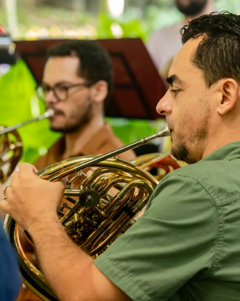 Músicos de la Orquesta Filarmónica de Medellín interpretando cornos franceses durante una retreta al aire libre.