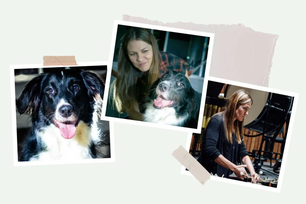 Collage con tres fotos: el perro de Sandra, Sandra acariciándolo y Sandra tocando instrumentos de percusión en un ensayo