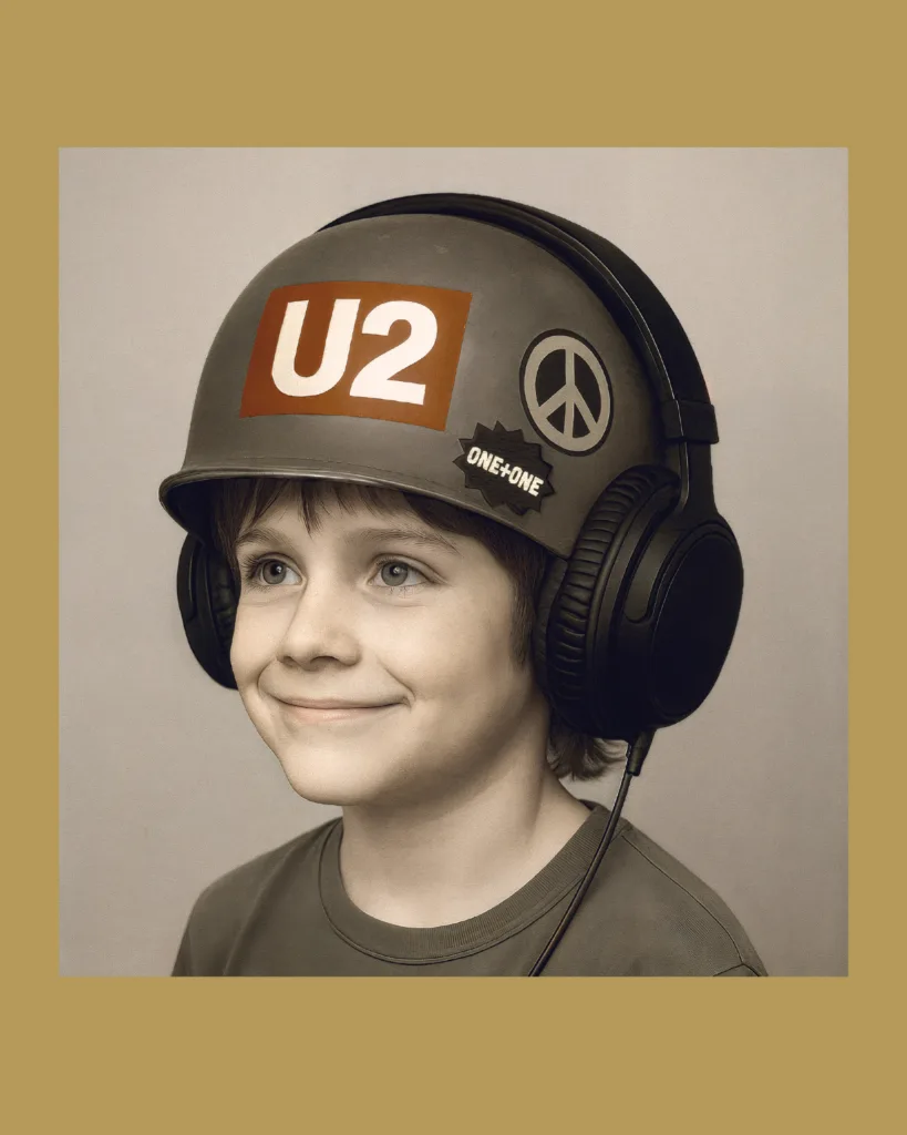 Niño con casco militar decorado con logo de U2, símbolo de paz, y audífonos grandes, sonriente, en imagen promocional del tributo sinfónico a U2 por la Filarmónica de Medellín.
